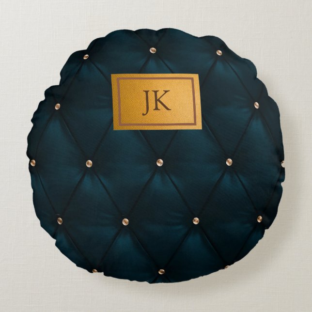 Elegant groen leder, diamanten, monogram rond kussen (Voorkant)