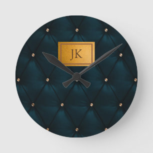 Elegant groen leer,diamanten,monogram ronde klok