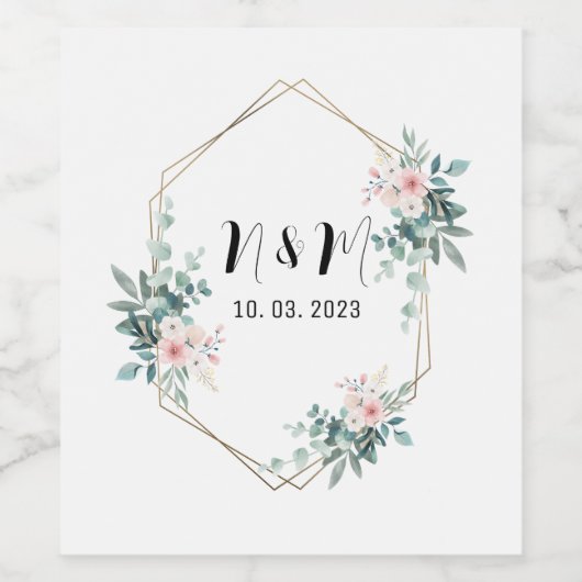 Elegant Groen Monogram Eucalyptus Bruiloft Wijn Etiket (Enkel label)