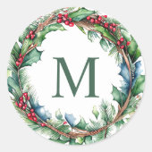 Elegant Groen Monogram Initiaal Kerstkrans Ronde Sticker (Voorkant)