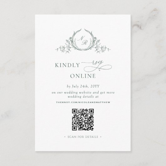 Elegant Groen Monogram RSVP Online QR Code Informatiekaartje (Voorkant)