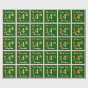 Elegant, Groen, Nep Goud 14e Verjaardag + Naam Cadeaupapier