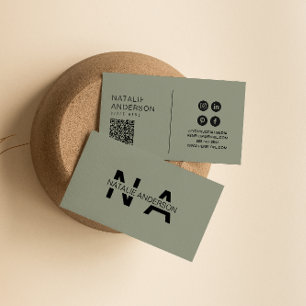 Elegant Groen Neutraal QR Code Monogram Logo Boho Visitekaartje