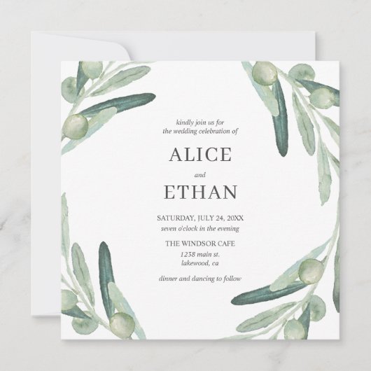 Elegant groen olijf bruiloft uitnodiging (Voorkant)