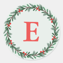 Elegant Groen Rood Monogram Kerstkrans Ronde Sticker