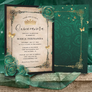 Elegant Groen Roos Goud Zwart Quinceanera Kaart