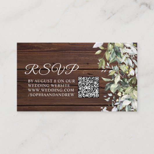 Elegant groen rustiek hout bruiloft QR code RSVP Informatiekaartje (Voorkant)