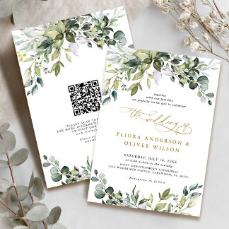 Elegant groen rustieke botanische QR-code bruiloft Kaart