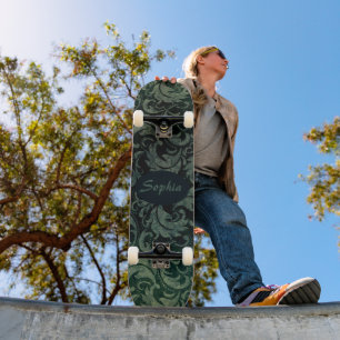 Elegant groen vintage damast bloempatroon skateboard