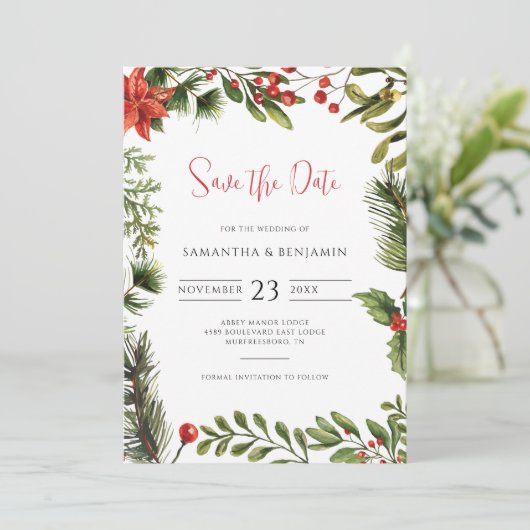 Elegant groen winter Herfst bloemenbruiloft Save The Date (Staand voorkant)