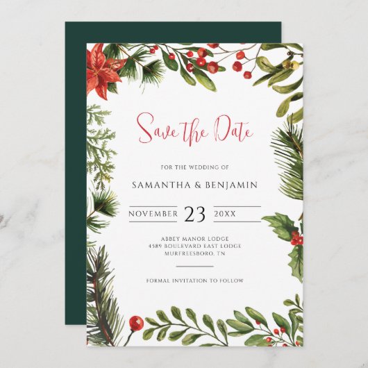 Elegant groen winter Herfst bloemenbruiloft Save The Date (Voorkant / Achterkant)