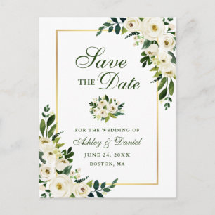 Elegant groen wit bloemmotief save the date aankondigingskaart