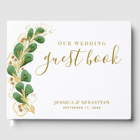 Elegant groen, wit en goud foto bruiloft gastenboek (Voorkant)