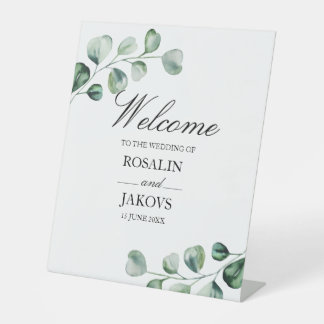 Elegant groene botanische trouwtekst reclamebord met voetstuk