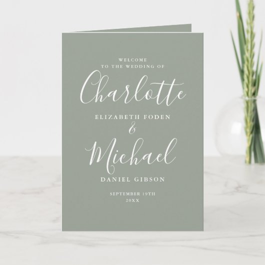 Elegant groene handtekening script bruiloft programma (Voorkant)