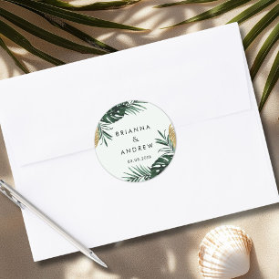 Elegant, groene palm, gouden (imitatie) rand ronde sticker