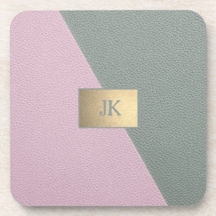 Elegant groene roze leer Monogram Bier Onderzetter