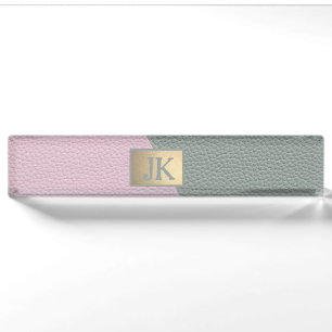 Elegant groene roze leer Monogram Naambordje