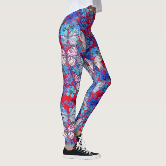 Elegant grote kleurrijke vlinders bloemen op rood leggings (Rechts)