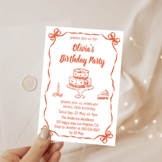 Elegant Hand-Drawn Cake & Ribbon Birthday Party Kaart