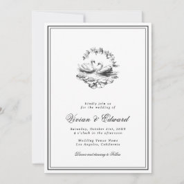 Elegant Hand Drawn Swan Vintage Botanical Wedding Kaart