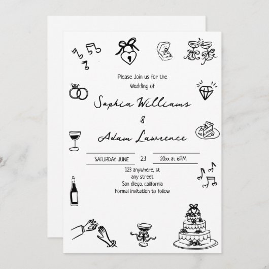 Elegant Hand Drawn Wedding Invitation (Devant / Derrière)