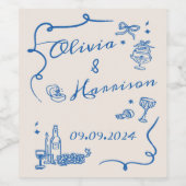 Elegant Hand getrokken Retro Blue Wedding Wijn Lab Wijn Etiket (Enkel label)