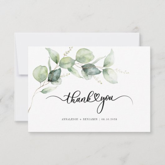 Elegant Hand-Lettered Eucalyptus Greenery Wedding Bedankkaart (Voorkant)