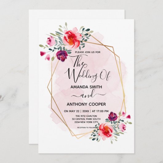 Elegant handgemaakte waterverf bloemuitnodiging kaart (Voorkant / Achterkant)