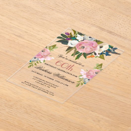 Elegant handgeschilderd Bloemen 60ste Verjaardag P Acryl Uitnodigingen (Laagn)