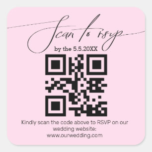 elegant handschrift rsvp qr code bruiloft  roze vierkante sticker