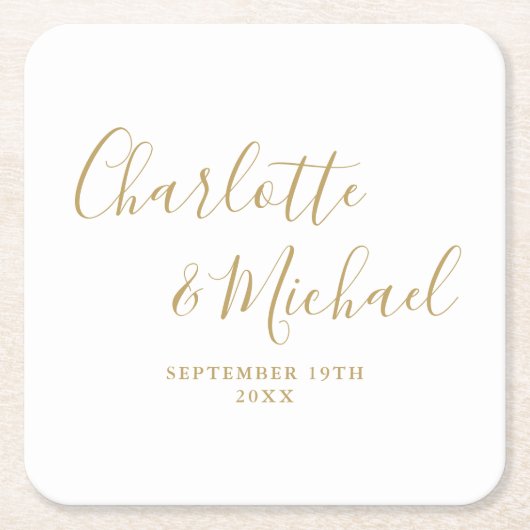 Elegant Handtekening Script Gouden Bruiloft Vierkante Kartonnen Onderzetter (Voorkant)