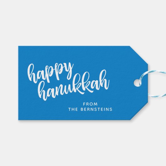 Elegant Hanukkah Modern Script Blue Personalized Cadeaulabel (Voorkant (Horizontaal))