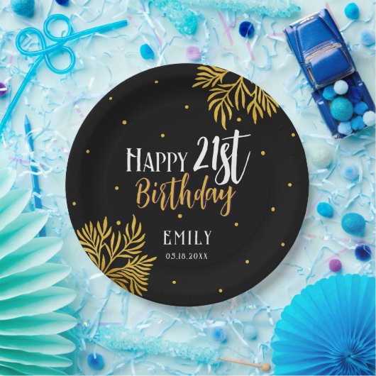 Elegant Happy 21st Birthday Gold Foliage Party Papieren Bordje (Feest)
