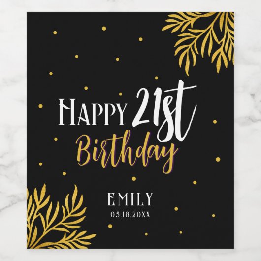 Elegant Happy 21st Birthday Gold Foliage Party Wijn Etiket (Enkel label)