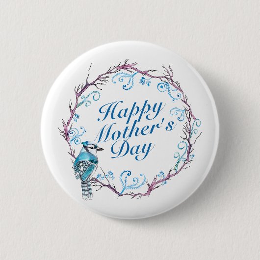 Elegant Happy Moederdag Blue Wreath Button (Voorkant)