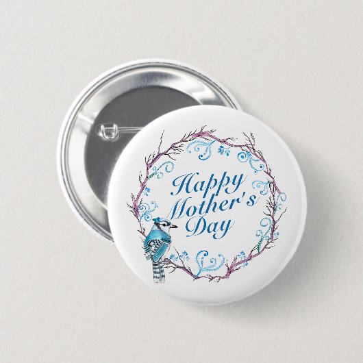 Elegant Happy Moederdag Blue Wreath Button (Voorkant /achterkant)