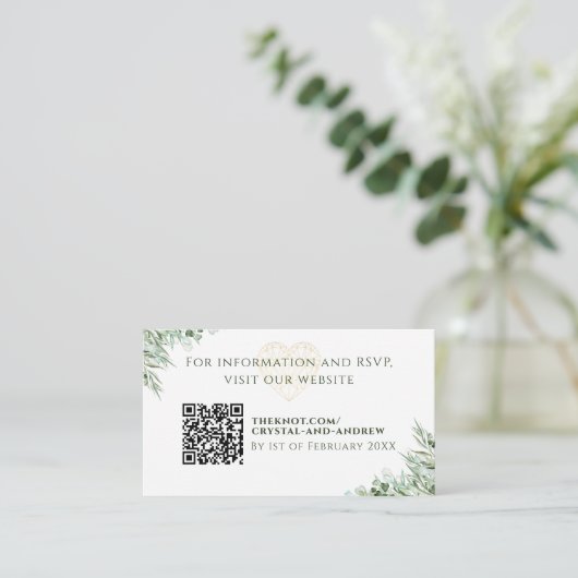 Elegant Hart Eucalyptus Bladgroen Bruiloft Website Informatiekaartje (Staand voorkant)