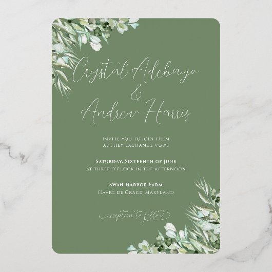 Elegant Hart Sage Groen Bladblad Formele Bruiloft Folie Uitnodiging (Achterkant)