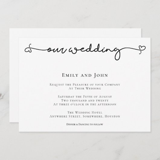 Elegant Hart Swash Script Zwart Tekst Bruiloft Kaart (Voorkant / Achterkant)