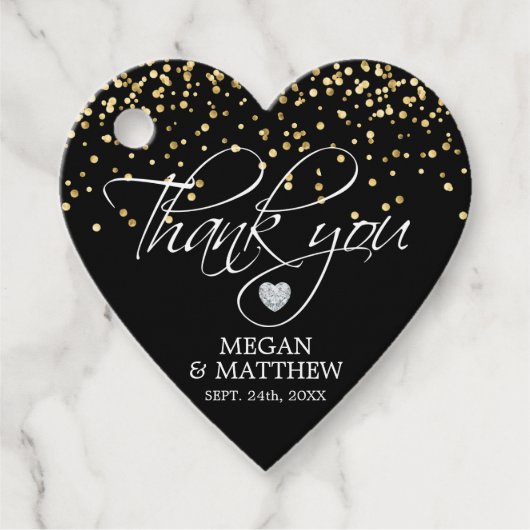 Elegant hart wit zwart & goud bruiloft dank u bedankjes labels (Voorkant)