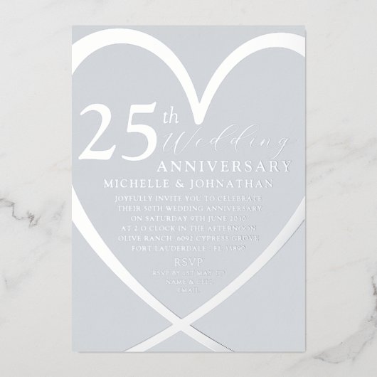 Elegant Hart Zilver 25 e Bruiloft Jubileum Folie Uitnodiging (Voorkant)