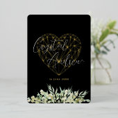 Elegant hart zwart gebladerte formele bruiloft folie uitnodiging (Staand Voorkant)