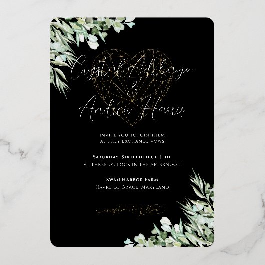 Elegant hart zwart gebladerte formele bruiloft folie uitnodiging (Achterkant)