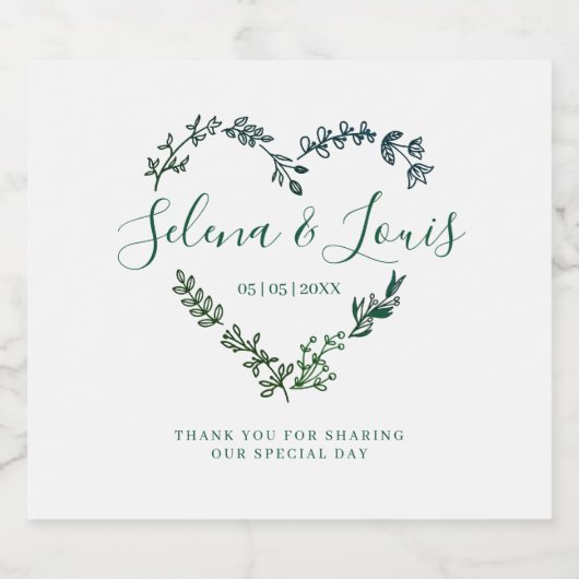 Elegant Heart with Flowers and Branches Sparkling Wijnetiket (Enkel label)