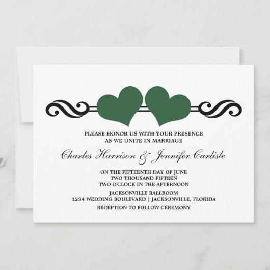 Elegant Hearts Wedding Invitation, Green Kaart (Voorkant)