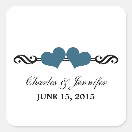 Elegant Hearts Wedding Stickers, blauw Vierkante Sticker (Voorkant)