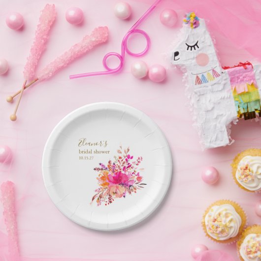 Elegant Heet Roze Bloemen Vrijgezellenfeest Custom Papieren Bordje (Feest)