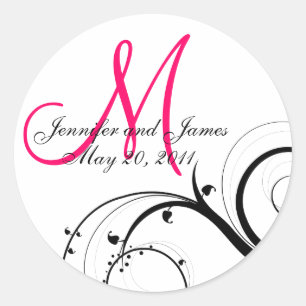 Elegant Heet Roze Swirl Monogram Bruiloft Sticker