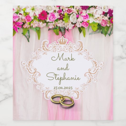 Elegant helder roze bloem bruiloft wijn etiket (Enkel label)